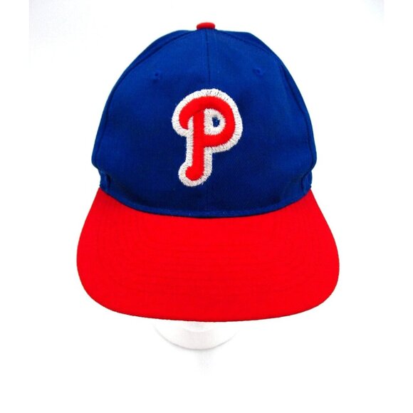 Vintage 90s Philadelphia Phillies Hat Cap Snapback MLB Baseball Texaco Blue Red - Picture 1 of 8
